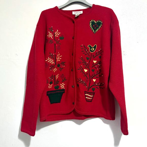 TALBOTS VTG 100% Wool Embroidered Hearts Birds Apple Beaded Cardigan Size L - Picture 2 of 15